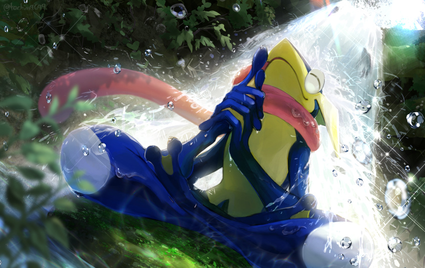 absurdres closed_eyes closed_mouth commentary_request from_below greninja highres kachin no_humans own_hands_together pokemon pokemon_(creature) sitting smile solo sparkle tongue water water_drop waterfall
