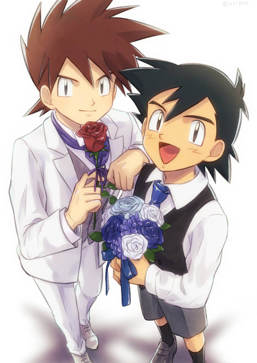 2boys :d absurdres alternate_costume ash_ketchum bangs black_hair black_legwear bouquet brown_eyes brown_hair buttons closed_mouth collared_shirt commentary_request flower gary_oak grey_eyes grey_shorts grey_vest highres holding holding_flower jacket long_sleeves looking_up male_focus multiple_boys open_mouth pants pokemon pokemon_(anime) pokemon_(classic_anime) red_flower rose shirt shoes short_hair shorts smile socks spiky_hair standing tongue vest white_jacket white_pants white_shirt yoi_(207342)