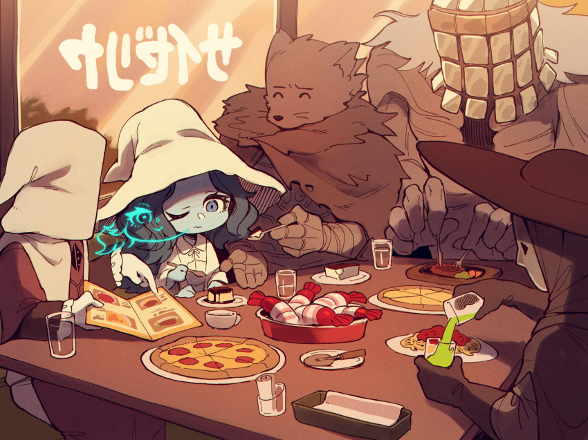 astrologer_(elden_ring) blaidd_the_half-wolf blue_eyes blue_skin colored_skin custard elden_ring extra_faces food fork furry furry_male gauntlets glass hat highres holding holding_fork holding_knife holding_spoon hood hood_up indoors knife large_hat one_eye_closed pasta pizza pouring preceptor_seluvis ranni_the_witch restaurant shrimp sitting spaghetti spoon steak table tarnished_(elden_ring) war_counselor_iji window witch_hat zombiemiso