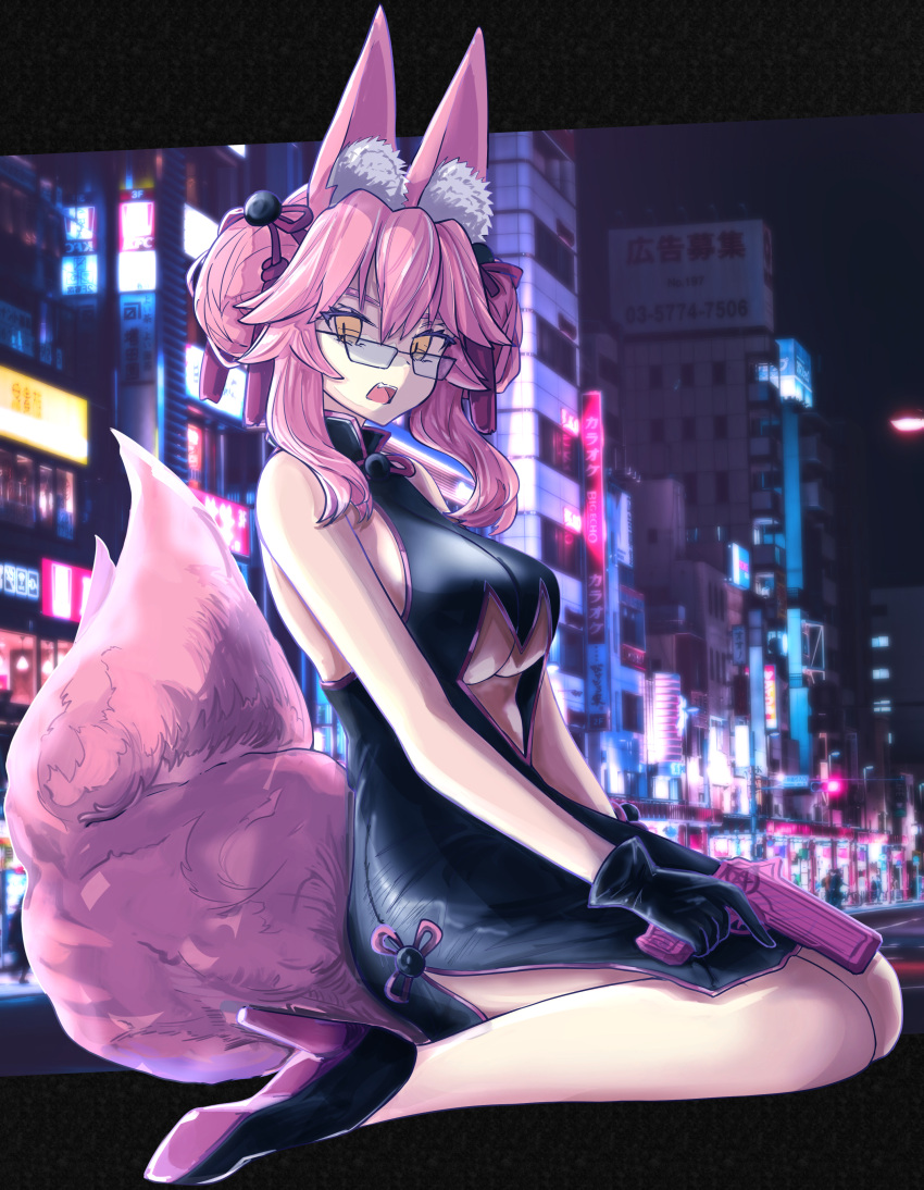 1girl absurdres animal_ear_fluff animal_ears bangs bare_legs bare_shoulders black_gloves breasts china_dress chinese_clothes commentary_request cutout_above_navel double_bun dress fate/grand_order fate_(series) fox_ears fox_girl fox_tail full_body glasses gloves gun hair_ornament hair_ribbon handgun high_heels highres holding holding_gun holding_weapon koyanskaya_(fate) large_breasts long_bangs open_mouth outdoors pistol ribbon sitting sleeveless slit_pupils solo tail tamamo_(fate) teeth under_boob upper_teeth wariza wataamis weapon yellow_eyes