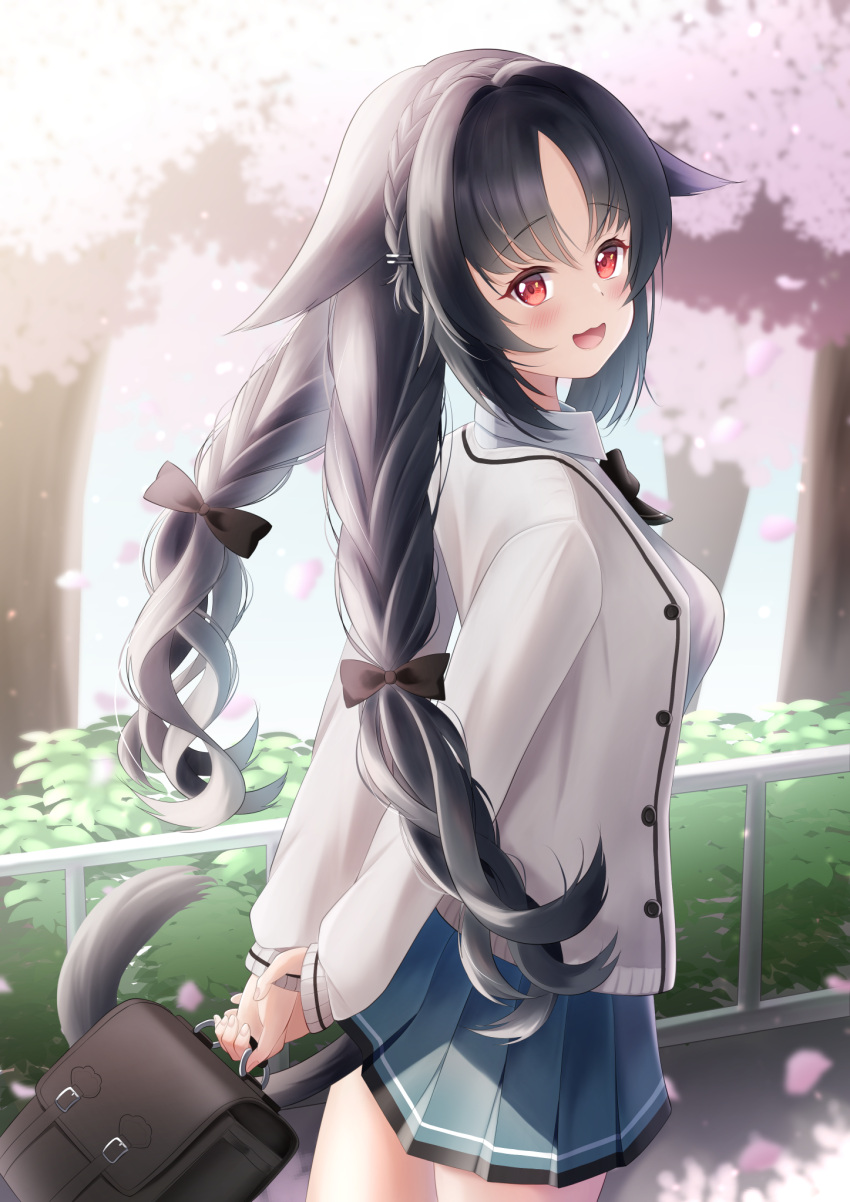 1girl arms_behind_back azur_lane bag black_hair braid breasts bush cardigan cat_girl cherry_blossoms collared_shirt cowboy_shot crying day eyebrows_visible_through_hair fence green_skirt hair_ribbon highres long_sleeves looking_at_viewer looking_back looking_to_the_side medium_breasts official_alternate_costume ooshio_(azur_lane) ooshio_(let's_'ave_lunch)_(azur_lane) open_cardigan open_clothes open_mouth outdoors petals red_eyes ribbon scenery school_bag school_uniform shirt skirt solo streaming_tears tears tree twin_braids white_cardigan yorumon