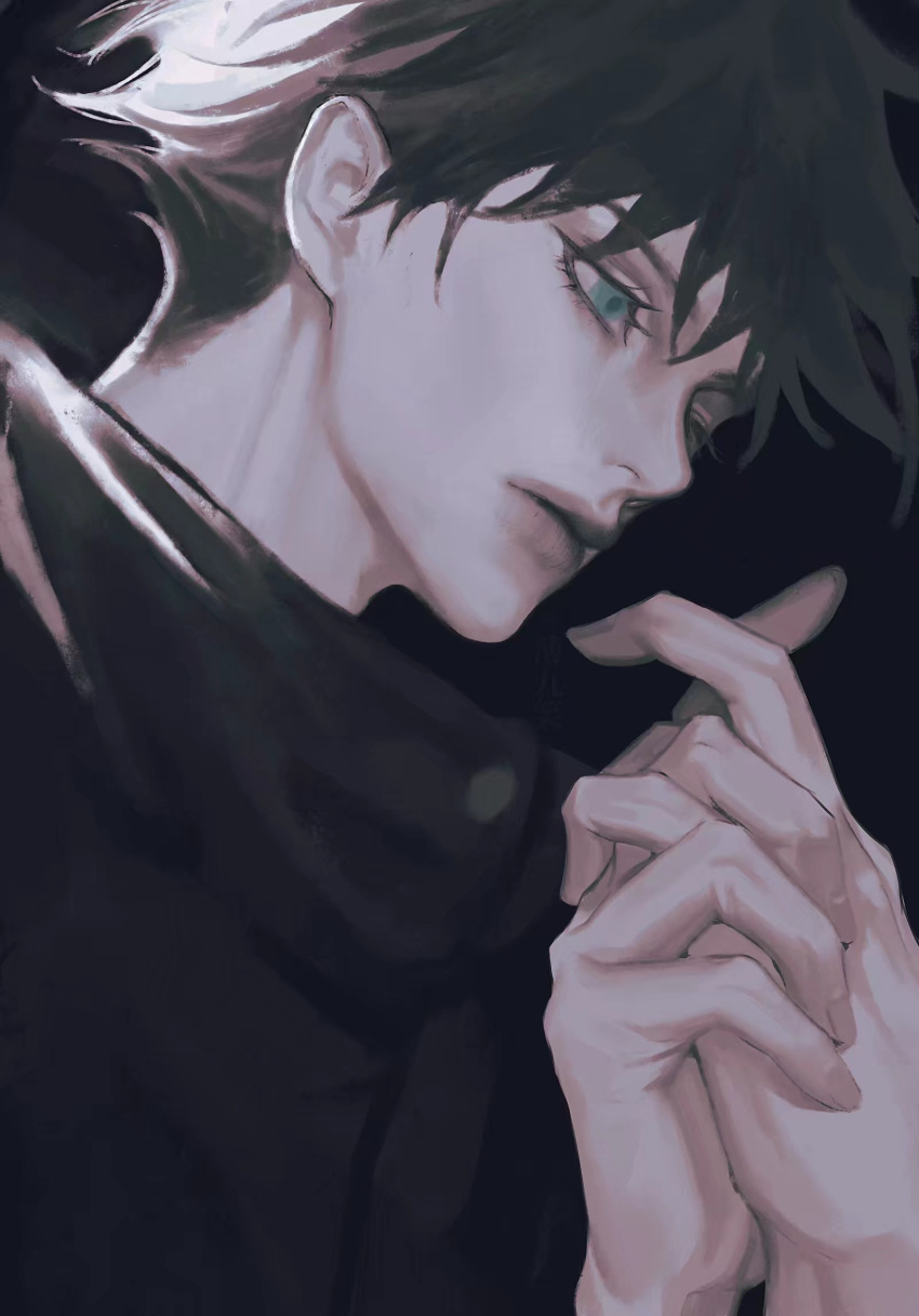 11857864 1boy bangs black_hair black_jacket eyebrows eyelashes fingernails fushiguro_megumi green_eyes hair_between_eyes hands high_collar highres interlocked_fingers jacket jujutsu_kaisen lips looking_away male_focus nose own_hands_together realistic school_uniform short_hair solo spiky_hair