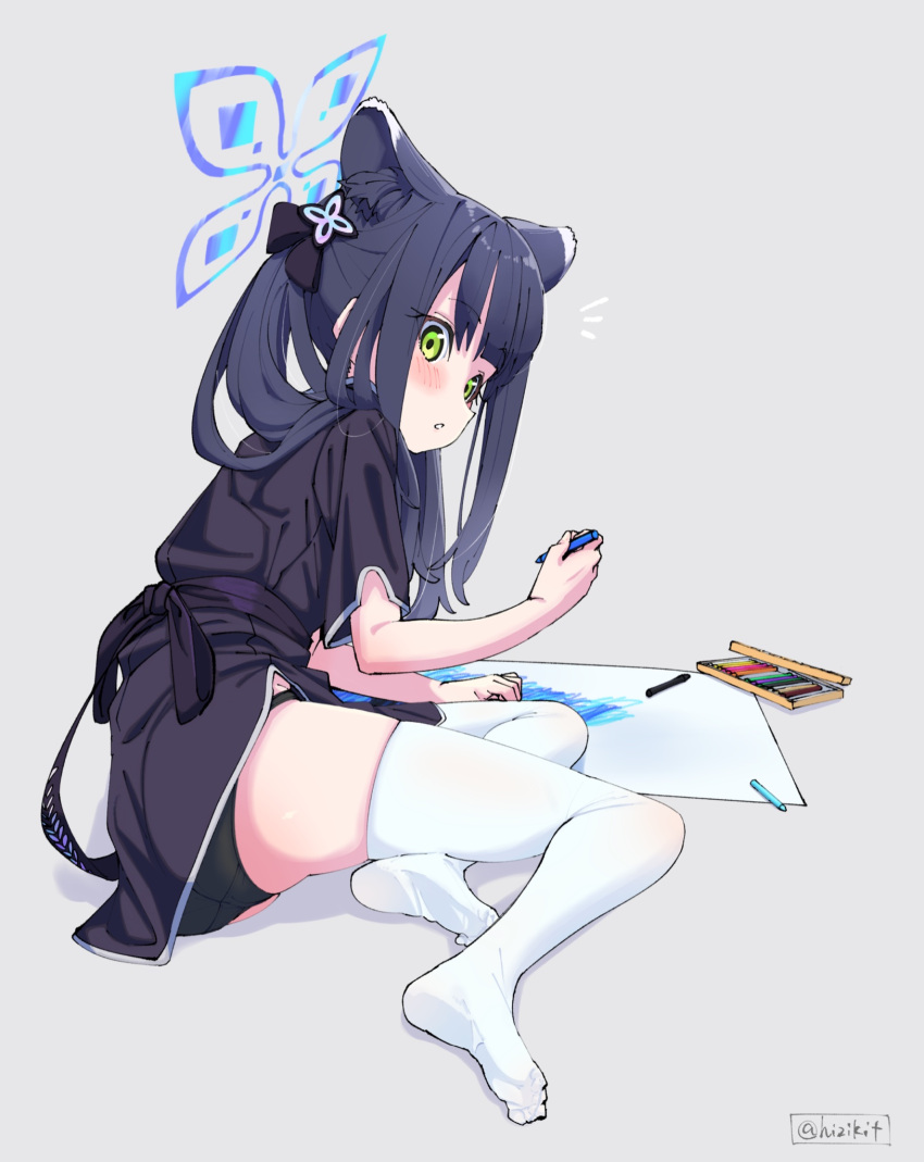 animal_ear_fluff animal_ears bangs black_dress black_hair black_panties blue_archive blunt_bangs china_dress chinese_clothes crayon drawing dress green_eyes halo highres hizikit looking_at_viewer on_floor panties short_sleeves shun_(kid)_(blue_archive) thigh-highs tiger_ears tiger_girl underwear white_legwear younger