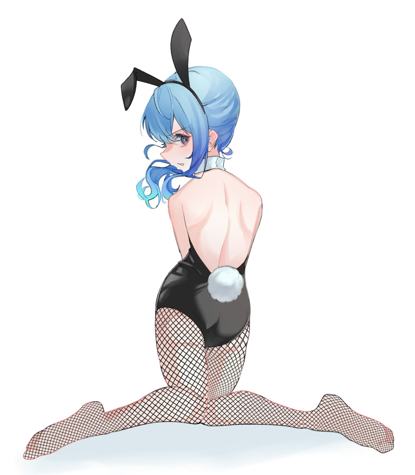1girl angry animal_ears ass back backless_leotard backless_outfit bare_back bare_shoulders blue_eyes blue_hair collar curly_hair feet fishnet_legwear fishnets highres hololive hoshimachi_suisei kneeling legs_apart long_hair looking_at_viewer looking_back nagahisa playboy_bunny rabbit_ears rabbit_tail solo tail white_background