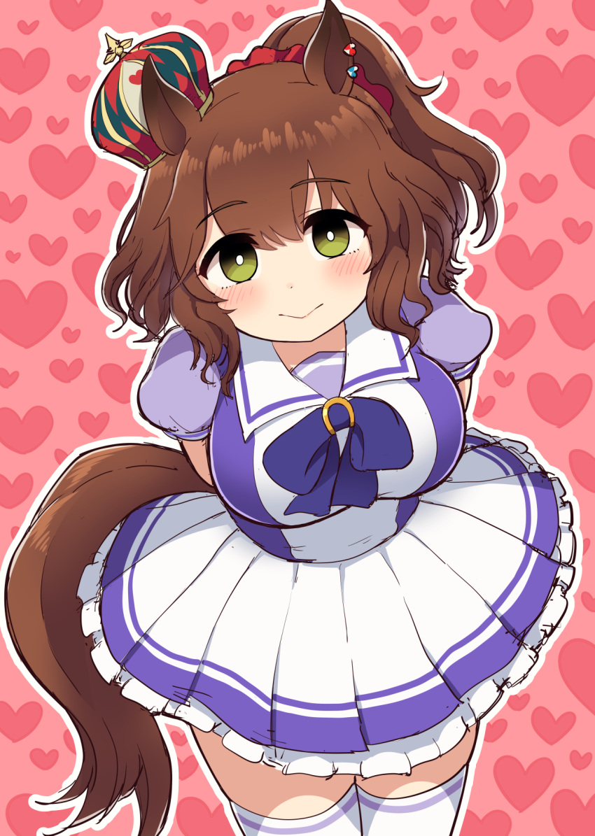 1girl :&gt; animal_ears arms_behind_back aston_machan_(umamusume) blouse bow bowtie breasts brown_hair crown earrings eyebrows_visible_through_hair frilled_skirt frills green_eyes hair_between_eyes head_tilt heart heart_background heart_earrings highres horse_ears horse_girl horse_tail horseshoe_ornament jewelry large_breasts leaning_forward looking_at_viewer pleated_skirt ponytail puffy_sleeves purple_blouse purple_bow purple_bowtie red_scrunchie sailor_collar sailor_shirt school_uniform scrunchie serafuku shirt short_sleeves simoyuki skirt solo tail thigh-highs tracen_school_uniform umamusume white_legwear white_skirt