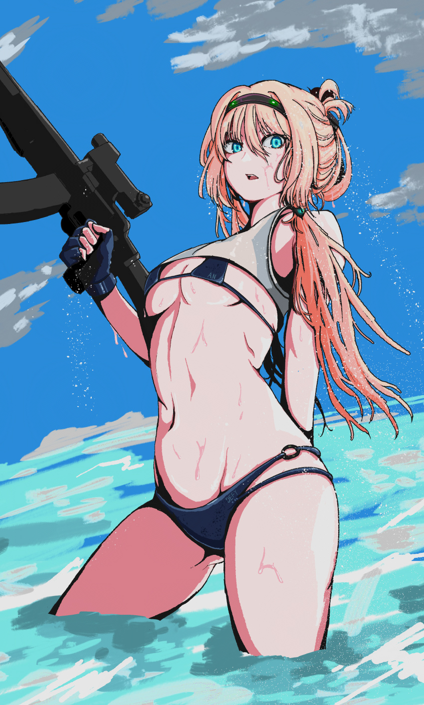 1girl absurdres alternate_costume alternate_hairstyle an-94 an-94_(girls'_frontline) arm_behind_back assault_rifle bangs bikini blonde_hair blue_bikini blue_gloves blue_sky blue_swimsuit breasts defy_(girls'_frontline) eyebrows_visible_through_hair fingerless_gloves girls_frontline gloves gskittles gun hair_ornament hairband hairclip highres holding holding_gun holding_weapon light_blue_eyes long_hair looking_at_viewer navel on_water open_mouth rifle simple_background sky small_breasts solo standing swimsuit water weapon wet