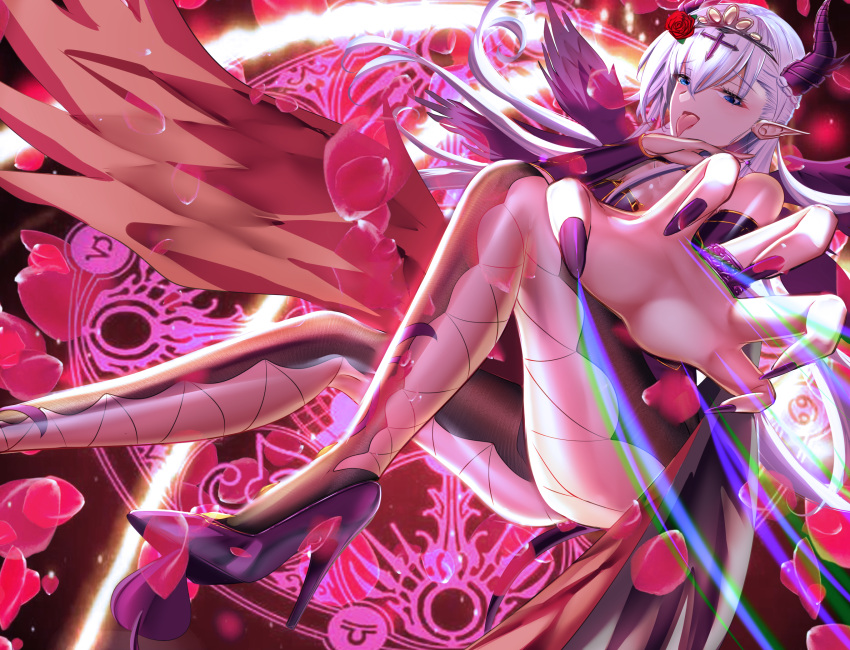 1girl azur_lane belfast_(azur_lane) black_footwear breasts cross_hair_ornament demon_girl demon_horns fingernails flower from_side gosama hair_flower hair_ornament high_heels highres horns large_breasts long_hair looking_at_viewer magic_circle outstretched_arm pointy_ears purple_nails reaching_out red_flower sharp_fingernails skin_tight solo stiletto_heels tongue tongue_out