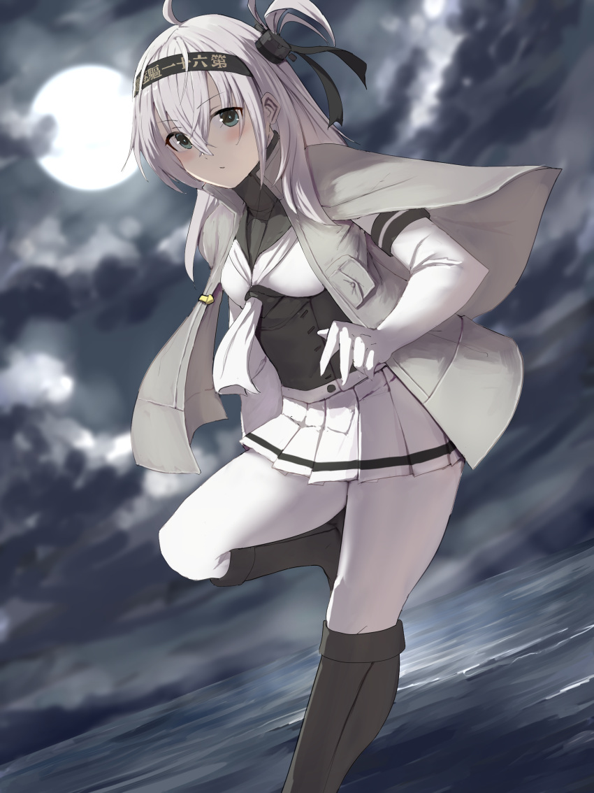 1girl absurdres ahoge black_headband blush bodysuit clothes_writing eyebrows_visible_through_hair grey_eyes hachimaki hair_between_eyes headband highres honmakaina_kudou kantai_collection long_hair neckerchief one_side_up parted_lips pleated_skirt rudder_footwear short_sleeves silver_hair skirt solo suzutsuki_(kancolle) white_bodysuit white_neckerchief white_skirt