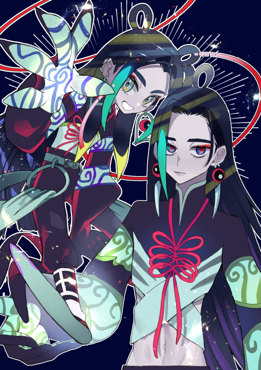 2boys black_hair black_pants blonde_hair blue_eyes blue_hair child chinese_clothes closed_mouth crop_top earrings expressionless eyeshadow fate/grand_order fate_(series) full_body gloves green_eyes halo highres jewelry kujiraoka light_particles long_hair long_sleeves looking_at_viewer makeup male_focus multicolored_eyes multicolored_hair multiple_boys open_mouth pale_skin pants red_eyes red_eyeshadow smile taisui_xingjun_(fate) time_paradox upper_body