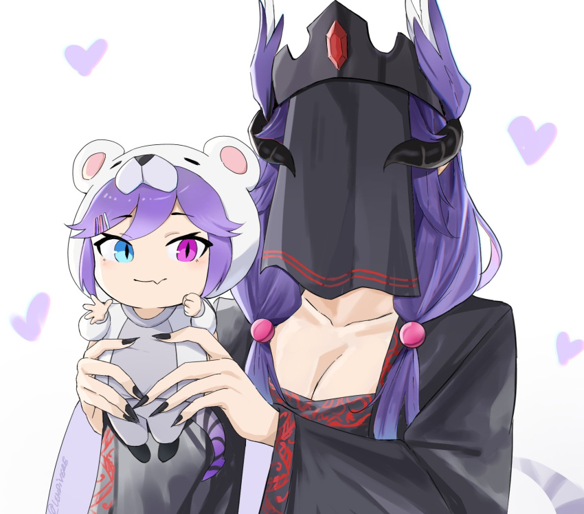 2girls baby black_nails blue_eyes clenched_hand collarbone english_commentary head_wings heart heterochromia highres horns lendivere lifting_person low_twintails mother_and_daughter multiple_girls nijisanji nijisanji_en open_hand purple_hair selen_tatsuki smile tail tiara twintails veil violet_eyes virtual_youtuber younger