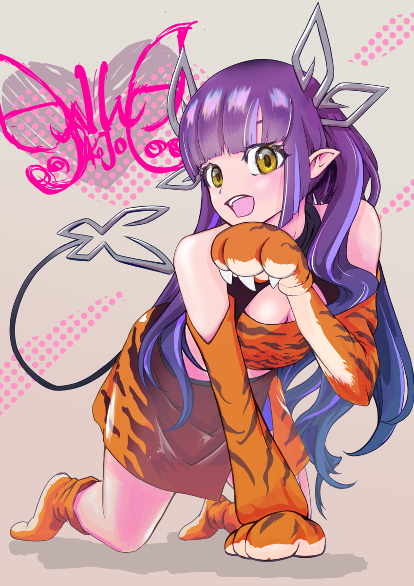 1girl animal_hands animal_print bangs blunt_bangs breasts commentary_request crop_top demon_girl demon_horns demon_tail elbow_gloves full_body gloves highres horns it_lacks_e kojo_anna long_hair looking_at_viewer medium_breasts multicolored_hair open_mouth orange_legwear paw_gloves pointy_ears print_gloves print_shirt print_skirt purple_hair shirt skirt sleeveless sleeveless_shirt smile solo sugar_lyric tail tiger_print two-tone_hair virtual_youtuber yellow_eyes