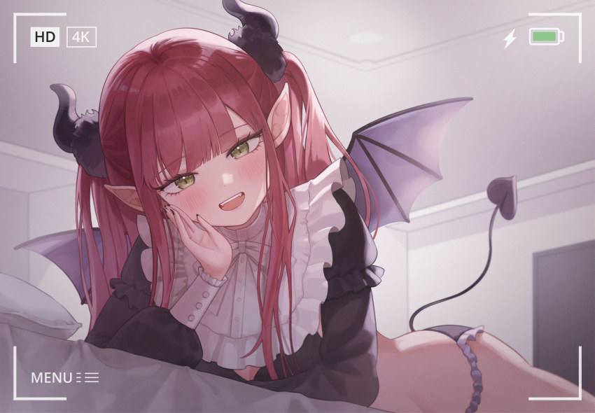 1girl absurdres bangs bed black_nails blush demon_girl demon_horns demon_tail demon_wings eyebrows_visible_through_hair green_eyes highres horns kitagawa_marin long_hair looking_at_viewer lying nail_polish on_stomach open_mouth panties pillow pointy_ears recording redhead rizu-kyun room shionori_(bpo_o) simple_background smile solo sono_bisque_doll_wa_koi_wo_suru tail teeth twintails underwear upper_teeth wings