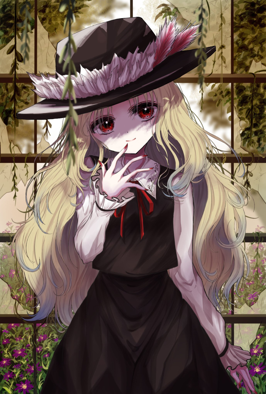 1girl bangs black_headwear black_skirt black_vest blonde_hair blurry blurry_background blurry_foreground breasts closed_mouth commentary_request cowboy_shot depth_of_field dolls_in_pseudo_paradise eyebrows_visible_through_hat fingernails flower flower_request frills hand_to_own_mouth hat head_tilt highres jacket_girl_(dipp) kayon_(touzoku) long_hair long_sleeves looking_at_viewer nail_polish neck_ribbon plant purple_flower red_eyes red_nails red_ribbon ribbon sharp_fingernails skirt small_breasts smile solo standing touhou very_long_hair vest vines window