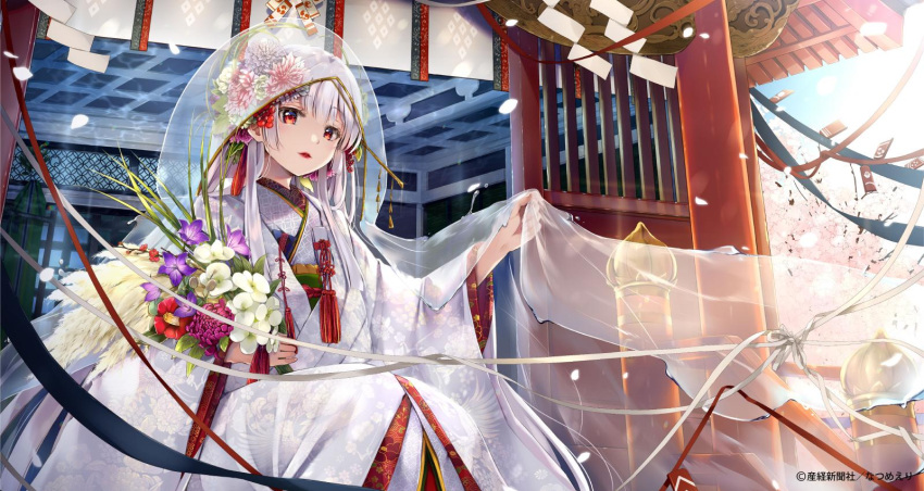 1girl bride commentary_request highres japanese_clothes kimono long_hair looking_at_viewer natsume_eri original red_eyes silver_hair solo veil