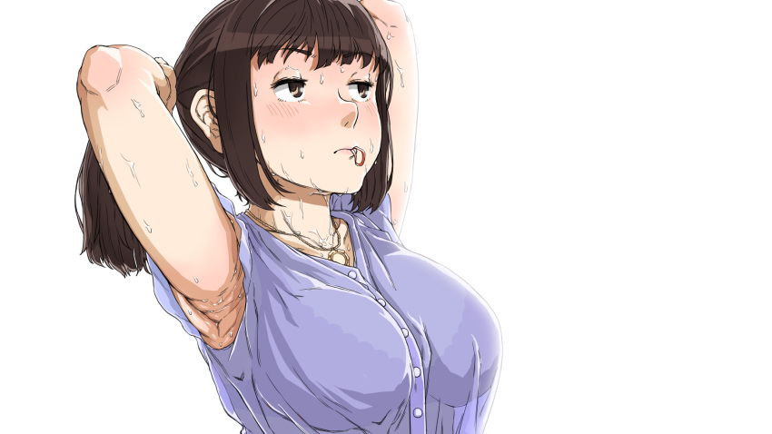 1girl armpits arms_behind_back arms_up bangs blush bra breasts brown_eyes brown_hair buttons collarbone eyelashes hair_tie hairband highres hot in_mouth jewelry looking_away medium_breasts necklace original ponytail purple_shirt see-through shirt sidelocks simple_background sleeveless sweat tying_hair underwear upper_body ushio_(tanatana) white_background