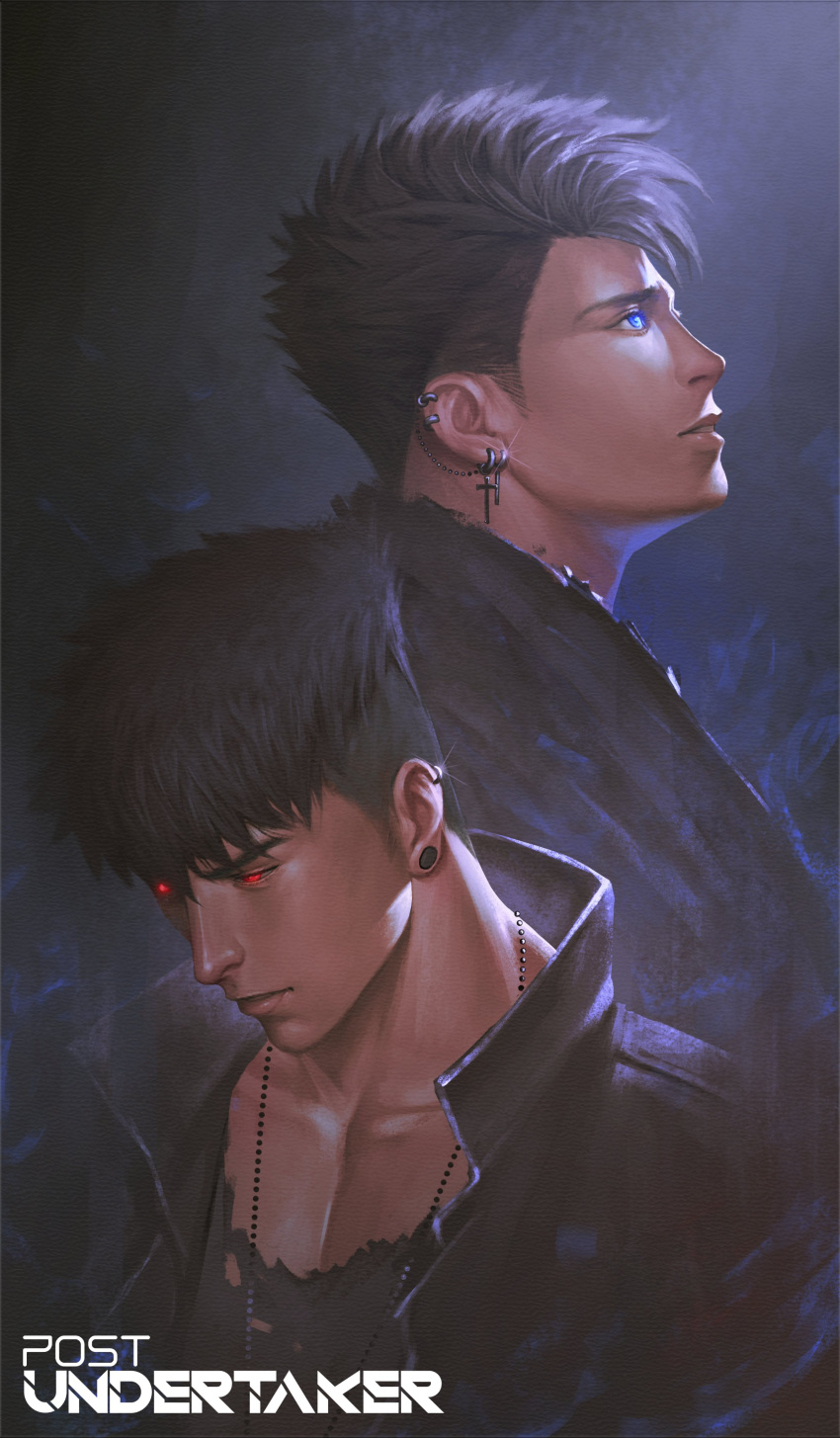 2boys absurdres black_hair blue_eyes buzz_cut collared_jacket ear_piercing earrings glowing glowing_eyes highres jacket jewelry leather leather_jacket looking_down looking_up male_focus messy_hair multiple_boys necklace nickakito open_clothes open_jacket original pectoral_cleavage pectorals piercing red_eyes shirt short_hair spiky_hair stud_earrings torn_clothes upper_body very_short_hair