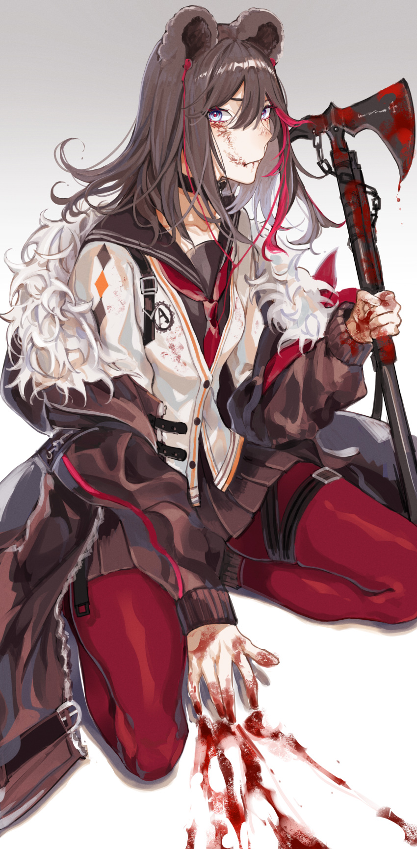 1girl absurdres animal_ears arknights axe bear_ears black_choker blood blood_on_clothes blood_on_face blood_on_hands blood_on_weapon blood_splatter blue_eyes brown_hair brown_jacket brown_skirt cardigan chain choker curly_hair earphones earphones full_body fur-trimmed_jacket fur_trim gradient gradient_background grey_background hair_between_eyes highres holding holding_axe holding_weapon jacket leather_strap looking_at_viewer multicolored_hair neckerchief necktie on_floor pantyhose pleated_skirt red_legwear red_neckerchief red_necktie red_pupils redhead sailor_collar school_uniform serafuku sitting skirt solo streaked_hair two-tone_hair wariza weapon white_background zang_shih zima_(arknights)