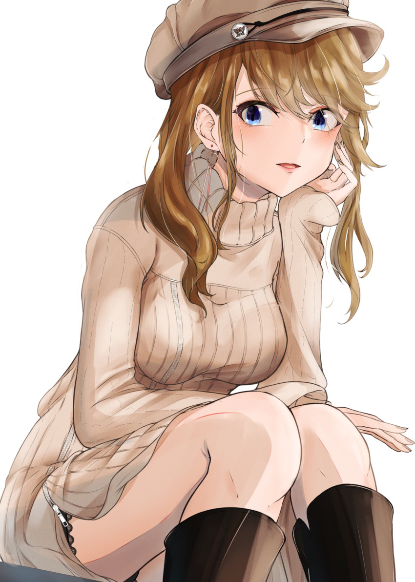 1girl ahoge bangs black_footwear blue_eyes boots breasts brown_hair commentary_request earrings hat highres idolmaster idolmaster_million_live! izuminnu jewelry long_hair looking_at_viewer medium_breasts parted_lips simple_background sitting solo sweater swept_bangs tokoro_megumi turtleneck turtleneck_sweater white_background