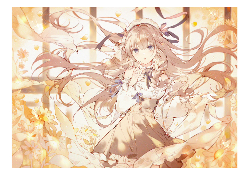 1girl bangs blonde_hair breasts collar dress flower frilled_collar frilled_dress frills hair_ribbon hat highres light_purple_eyes long_hair long_sleeves looking_at_viewer original petals purple_ribbon qianqianjie ribbon solo virtual_youtuber yellow_flower