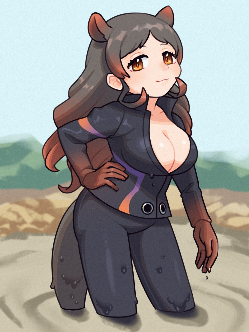 1girl :3 an-chan_(ananna0315) animal_ears black_pants black_shirt blush bodysuit brown_hair commentary_request extra_ears eyebrows_visible_through_hair gloves hand_on_hip high_collar highres hippopotamus_(kemono_friends) hippopotamus_ears kemono_friends long_hair long_sleeves looking_at_viewer multicolored_hair orange_eyes pants red_gloves redhead shirt smile solo wading water wetsuit