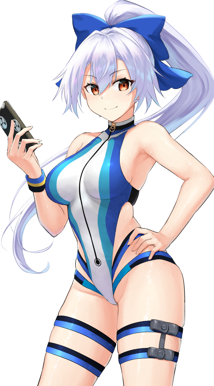 1girl absurdres bangs bare_shoulders blue_bow blue_swimsuit bow breasts cellphone fate/grand_order fate_(series) hair_between_eyes hair_bow highleg highleg_swimsuit highres large_breasts long_hair looking_at_viewer m_kong one-piece_swimsuit phone ponytail red_eyes silver_hair smile solo swimsuit thigh_strap thighs tomoe_gozen_(fate) tomoe_gozen_(swimsuit_saber)_(fate) two-tone_swimsuit white_swimsuit