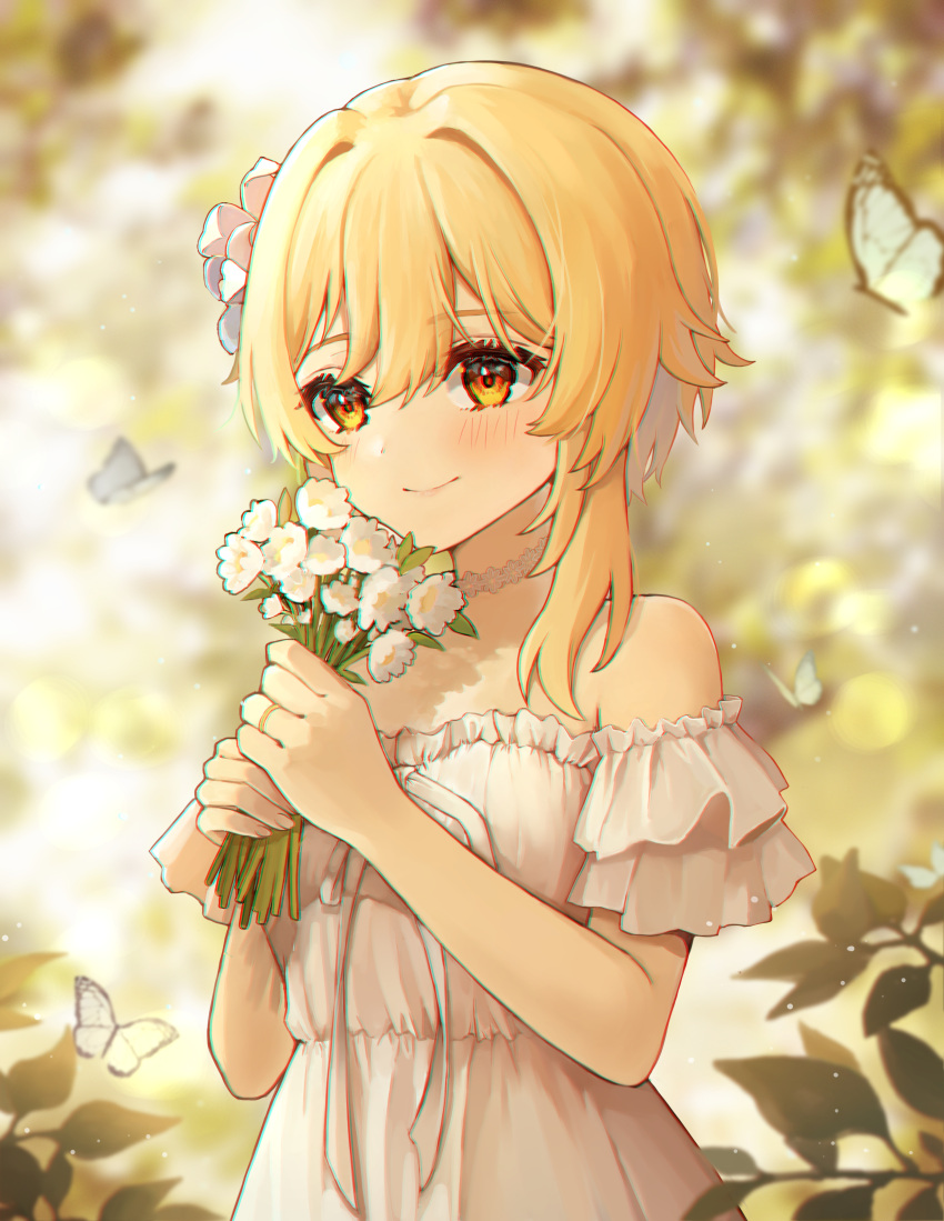 1girl absurdres bangs blonde_hair blurry blurry_background blush bug butterfly choker depth_of_field dress flower frilled_choker frilled_dress frills genshin_impact hair_between_eyes hair_flower hair_ornament highres holding holding_flower hue jewelry light_particles looking_afar lumine_(genshin_impact) medium_hair off-shoulder_dress off_shoulder ring short_hair_with_long_locks smile solo upper_body white_dress yellow_eyes