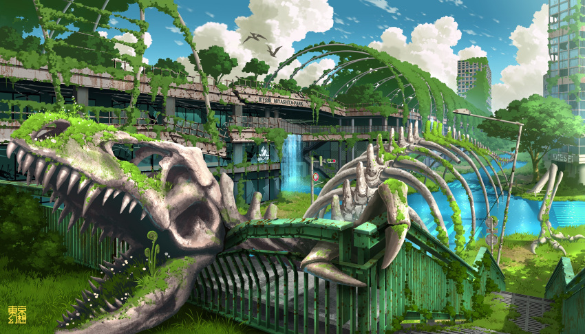 abandoned adidas animal bird blue_sky broken_window building clouds cloudy_sky commentary_request crosswalk day grass highres lamppost no_humans original outdoors overgrown post-apocalypse railing ribs ruins scenery skeleton sky stairs stone_stairs tokyogenso tree water waterfall window