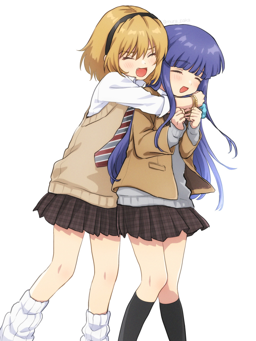 2girls :d black_hairband black_legwear blazer blonde_hair blue_hair bracelet closed_eyes eyebrows_visible_through_hair fang furude_rika hairband highres higurashi_no_naku_koro_ni houjou_satoko hug hug_from_behind jacket jewelry long_hair long_sleeves loose_socks multiple_girls murara necktie plaid plaid_skirt pleated_skirt school_uniform scrunchie short_hair skirt smile sweater_vest white_legwear wrist_scrunchie