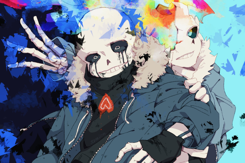 2boys blue_eyes crying fingerless_gloves gloves highres jacket male_focus multiple_boys multiple_persona sad sans skeleton smile temions undertale