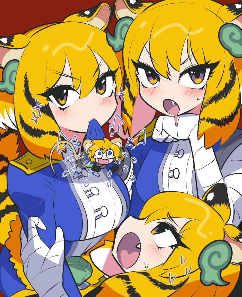 4girls animal_ears animal_print bandages blush breasts buttons duel_monster hair_ornament hand_up highres looking_at_another looking_at_viewer mouse_girl multiple_girls orange_eyes orange_hair tiger_girl tiger_print wadatsumi_(sense11531153) yu-gi-oh! zoodiac_ratpier zoodiac_tigermortar