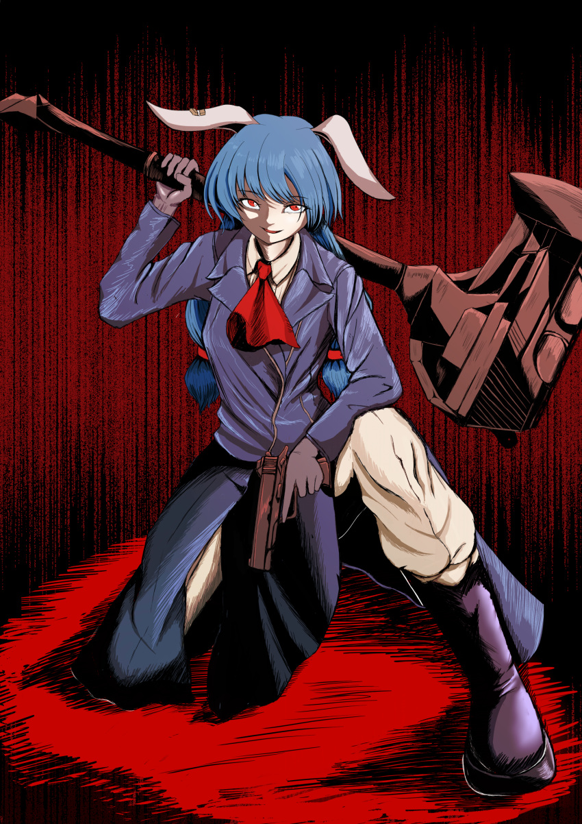 absurdres animal_ears arm_on_knee blue_coat blue_hair boots braid cargo_pants coat earclip eyebrows_visible_through_hair floppy_ears formal gun hairband handgun highres holding holding_weapon kneeling legs_apart light_smile mallet over_shoulder pants pistol rabbit_ears red_background red_eyes red_hairband red_ribbon ribbon seiran_(touhou) touhou twin_braids twintails undershirt war_hammer weapon weapon_over_shoulder weedhollow_(dokuran)