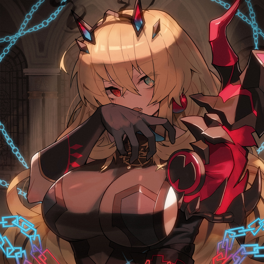 1girl armor bangs bare_shoulders black_dress black_gloves blonde_hair breasts chain dress earrings elbow_gloves fairy_knight_gawain_(fate) fate/grand_order fate_(series) gauntlets gloves green_eyes heterochromia highres horns jewelry katsu_(katsupainter) large_breasts long_hair looking_at_viewer necklace open_mouth pauldrons red_eyes shoulder_armor sideboob single_gauntlet single_pauldron solo