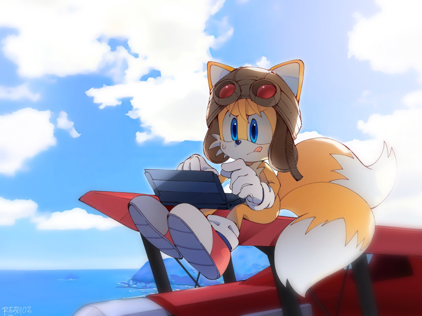 1boy aircraft airplane artist_name blue_sky clouds ears_through_headwear full_body furry furry_male gloves hat highres male_focus multiple_tails ocean re30103 shoes sitting sky solo sonic_(series) sweatdrop tail tails_(sonic) tongue tongue_out two_tails typing white_gloves