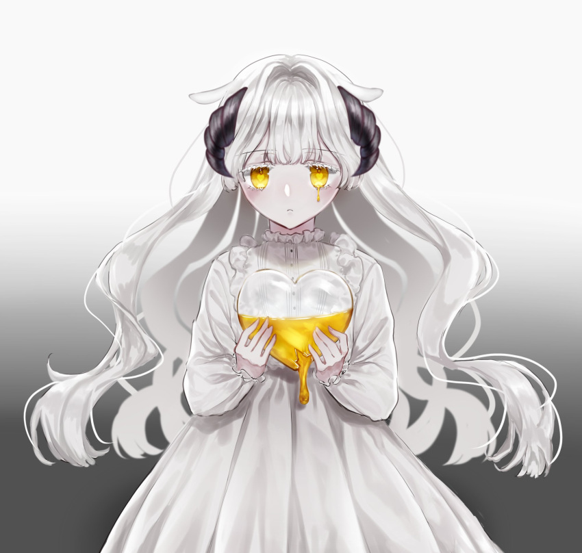 animal_ears bangs broken colored_tears cowboy_shot crying dress eyelashes frilled_dress frilled_sleeves frills frown glass gradient gradient_background heart heart-shaped_pupils highres holding holding_heart horns long_hair long_sleeves looking_at_viewer original sheep_ears sheep_horns spilling streaming_tears symbol-shaped_pupils tears transparent uzuilerio very_long_hair wavy_hair white_dress white_hair