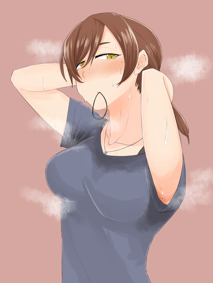 1girl absurdres ara-shina armpits arms_behind_back arms_up bangs blue_shirt blush breasts brown_hair collarbone hair_between_eyes hair_tie hair_tie_in_mouth highres jewelry looking_to_the_side medium_hair mouth_hold necklace original ponytail shiny shiny_hair shirt simple_background steam steaming_body sweat sweaty_clothes t-shirt tying_hair upper_body yellow_eyes