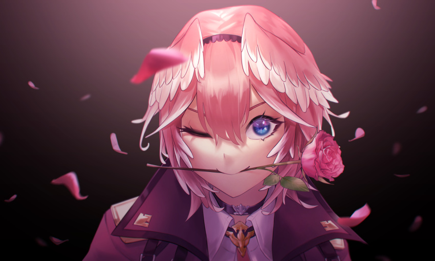 1girl ;) aragiken bangs black_choker blue_eyes choker closed_mouth collarbone flower flower_in_mouth hair_between_eyes head_wings highres hololive jacket looking_at_viewer mouth_hold one_eye_closed petals pink_flower pink_hair pink_rose portrait red_jacket rose short_hair smile solo takane_lui virtual_youtuber