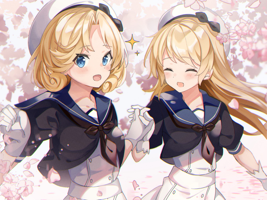 2girls blonde_hair blue_eyes blue_sailor_collar blush cherry_blossoms closed_eyes dress eyebrows_visible_through_hair fathom gloves hat highres janus_(kancolle) jervis_(kancolle) kantai_collection long_hair multiple_girls open_mouth petals puffy_short_sleeves puffy_sleeves sailor_collar sailor_dress sailor_hat short_hair short_sleeves smile sparkle upper_body white_dress white_gloves white_headwear