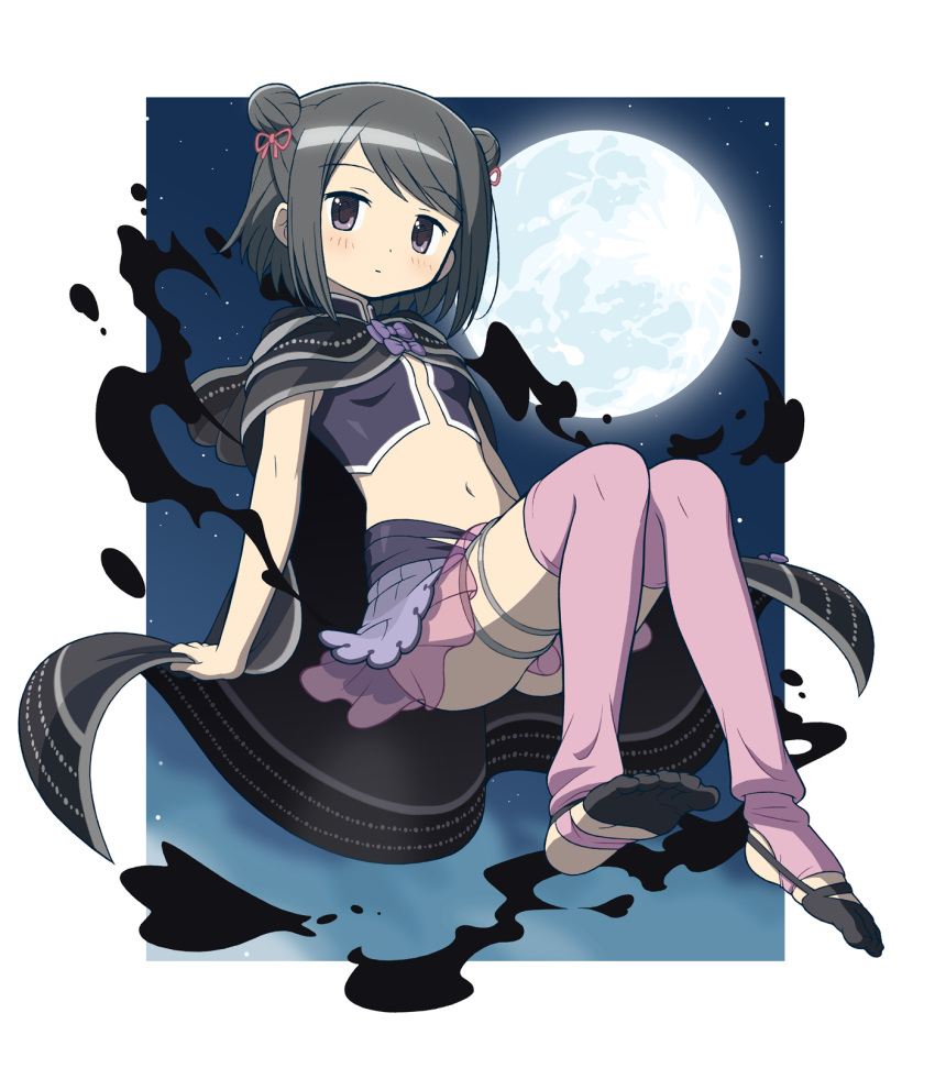 1girl black_cape black_hair breasts cape closed_mouth commentary_request double_bun gecchu hair_ribbon highres kuroe_(magia_record) looking_at_viewer magia_record:_mahou_shoujo_madoka_magica_gaiden mahou_shoujo_madoka_magica midriff moon navel pink_legwear pink_skirt red_ribbon ribbon see-through_skirt short_hair skirt small_breasts solo thigh-highs violet_eyes zettai_ryouiki