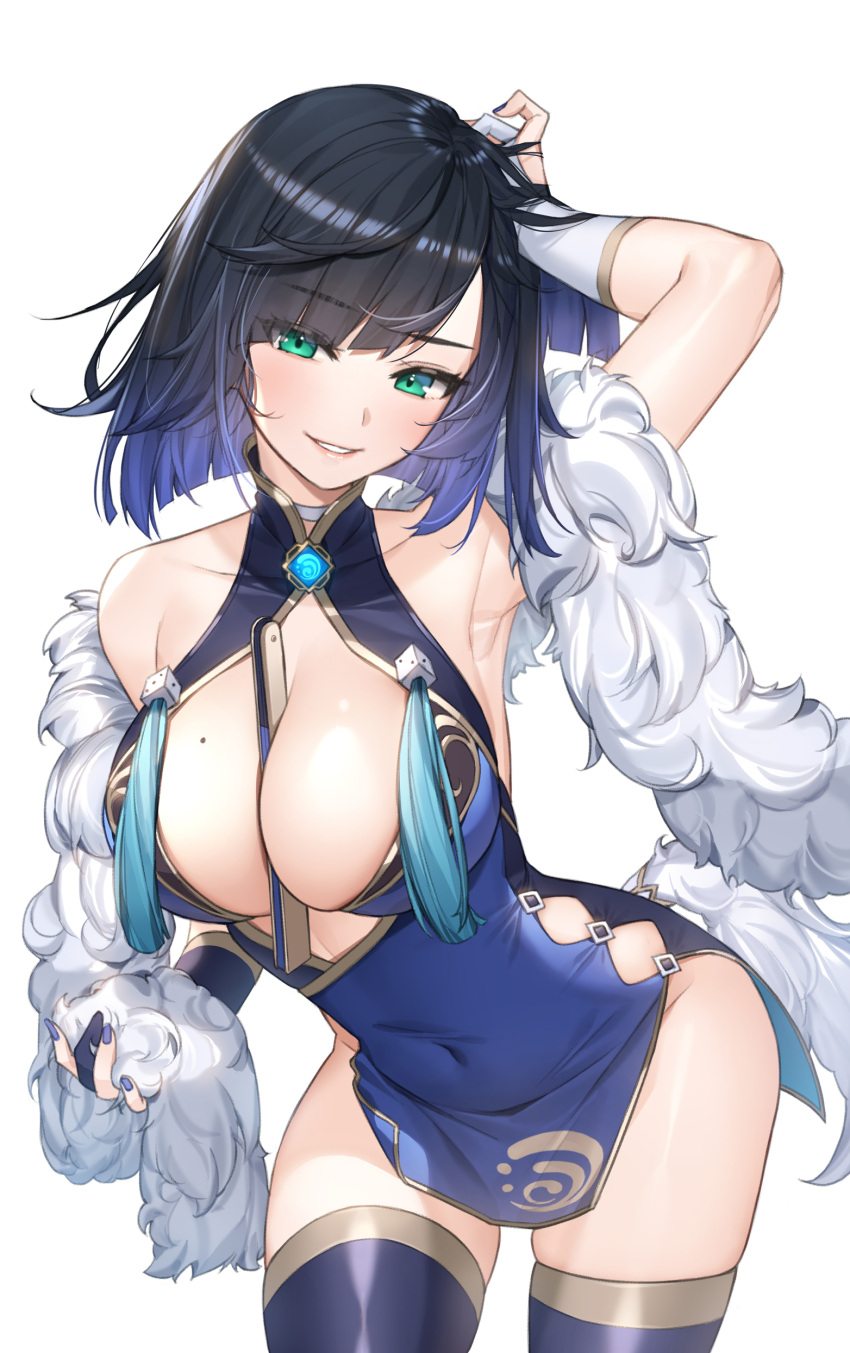 1girl absurdres alternate_costume arm_up armpits bangs between_breasts black_hair blue_hair blue_legwear blue_nails breasts bridal_gauntlets china_dress chinese_clothes cleavage_cutout clothing_cutout covered_navel diagonal_bangs dice dress eyebrows_visible_through_hair feather_boa folding_fan genshin_impact gold_trim gradient_hair green_eyes hand_fan hand_in_own_hair highres large_breasts looking_at_viewer mole mole_on_breast multicolored_hair piyo_(pixiv_2308057) short_dress short_hair smile solo tassel teeth thigh-highs vision_(genshin_impact) yelan_(genshin_impact)