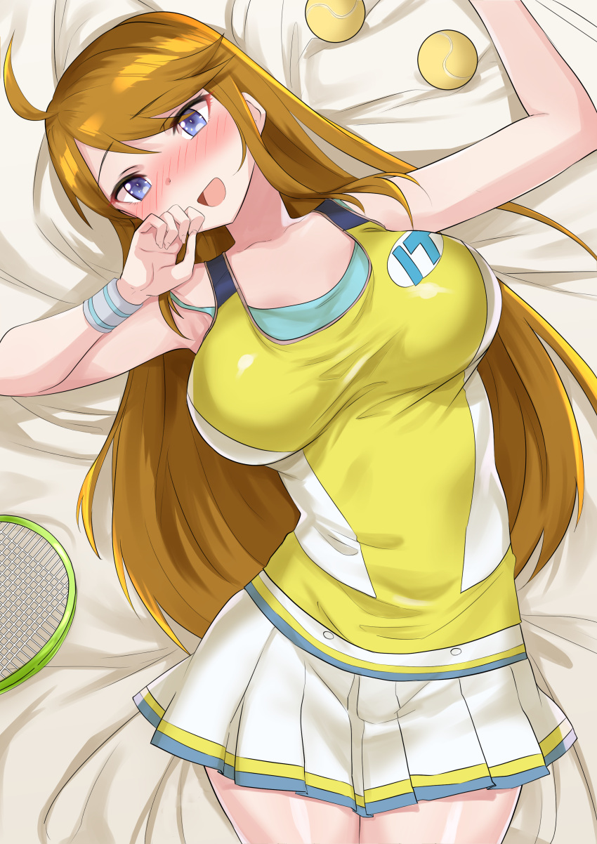 1girl absurdres ahoge ball bangs blue_eyes blush breasts brown_hair cowboy_shot echihiro eyebrows_visible_through_hair highres idolmaster idolmaster_million_live! large_breasts long_hair lying on_back open_mouth pleated_skirt racket skirt smile solo sportswear swept_bangs tennis_ball tennis_racket tennis_uniform tokoro_megumi