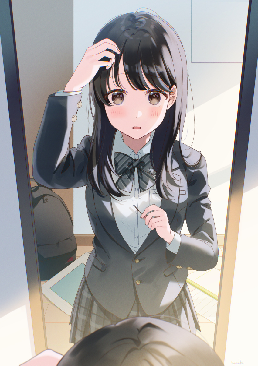 1girl :o adjusting_hair backpack bag bangs black_bag black_bow black_bowtie black_hair black_jacket blazer blue_skirt blush bow bowtie brown_eyes collared_shirt commentary dress_shirt hanako151 hand_in_own_hair hand_up highres indoors jacket long_hair long_sleeves looking_at_mirror mirror open_mouth original plaid plaid_skirt pleated_skirt reflection school_uniform shirt skirt solo standing surprised white_shirt