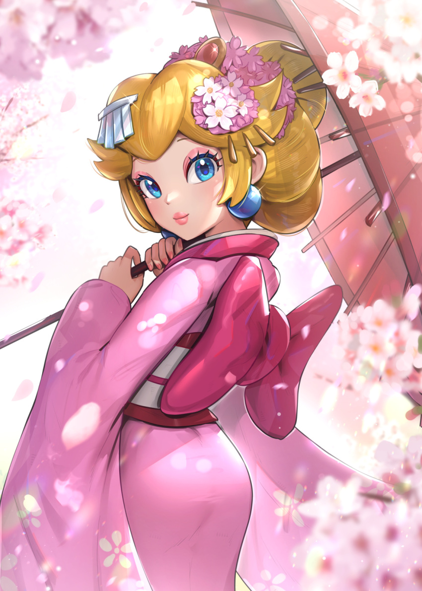 1girl alternate_costume bangs blonde_hair blue_eyes bow cherry_blossoms commentary_request cowboy_shot earrings flower from_behind gonzarez hair_flower hair_ornament highres japanese_clothes jewelry kimono large_bow long_sleeves looking_at_viewer looking_back medium_hair oil-paper_umbrella pink_bow pink_flower pink_kimono princess_peach solo super_mario_bros. umbrella white_flower wide_sleeves