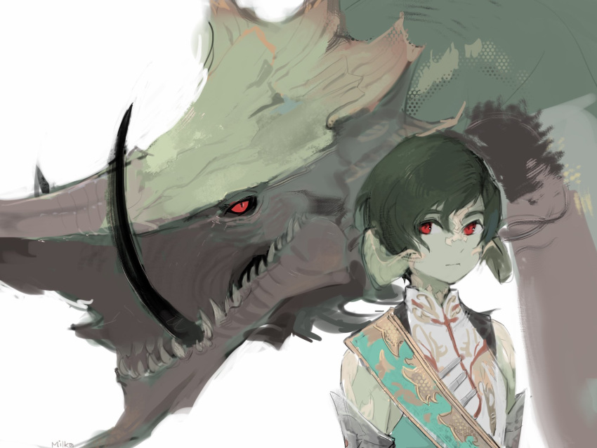 1boy au_ra bangs colored_skin commentary dragon dragon_horns dual_persona expressionless final_fantasy final_fantasy_xiv green_hair green_skin highres horns looking_at_viewer male_focus milka_(milk4ppl) red_eyes scales sharp_teeth short_hair simple_background spoilers swept_bangs teeth upper_body varshahn vrtra white_background