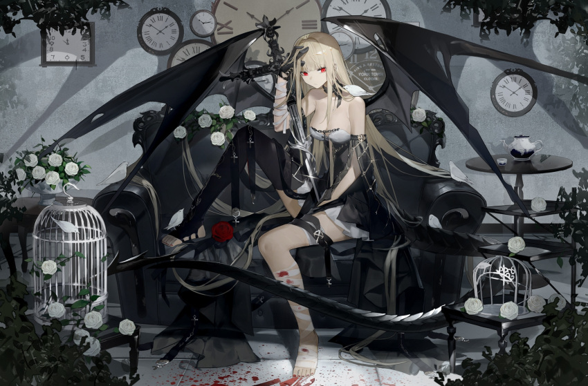 1girl analog_clock bandaged_arm bandaged_leg bandages bangs barefoot birdcage blonde_hair blood blood_on_bandages breasts cage clock couch detached_sleeves flower gloves hand_on_own_head highres holding holding_sword holding_weapon leg_up long_hair original plant red_eyes red_nails rose shui_ran_moon single_thighhigh solo sword table tail teapot thigh-highs toenails weapon white_flower white_rose wings