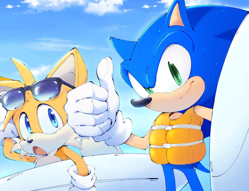 2boys animal_nose blue_eyes blue_sky chronocrump closed_mouth collaboration eyewear_on_head furry furry_male gloves green_eyes highres life_vest light_smile male_focus multiple_boys open_mouth re30103 sky smile sonic_(series) sonic_the_hedgehog standing sunglasses surfboard tail tails_(sonic) thumbs_up wet white_gloves
