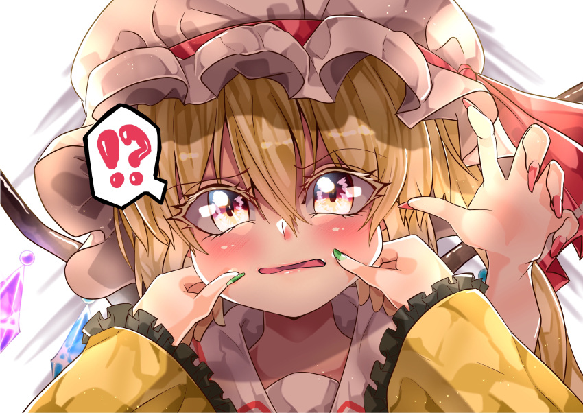 !? 2girls absurdres blonde_hair blouse cheek_pinching collared_shirt commentary_request crystal eyebrows_visible_through_hair female_pov flandre_scarlet frilled_shirt_collar frills green_nails hair_between_eyes hat hat_ribbon highres long_sleeves looking_at_viewer maboroshi_mochi mob_cap multiple_girls nail_polish open_mouth pinching pov red_eyes red_nails red_ribbon ribbon shirt touhou white_background white_headwear white_shirt wings yellow_blouse