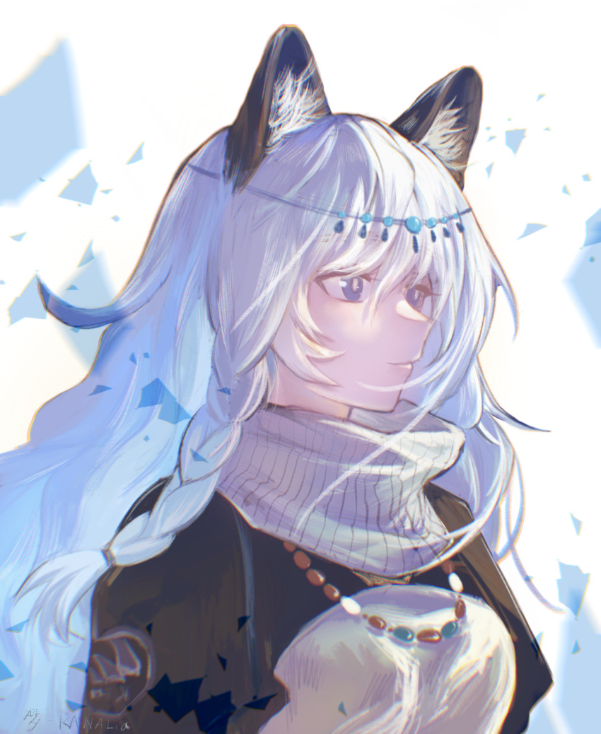 1girl animal_ear_fluff animal_ears arknights bangs black_capelet braid capelet closed_mouth dress eyebrows_visible_through_hair hair_between_eyes highres jewelry kanalia leopard_ears long_hair necklace pramanix_(arknights) silver_hair simple_background smile solo turtleneck_dress twin_braids upper_body violet_eyes white_background white_dress