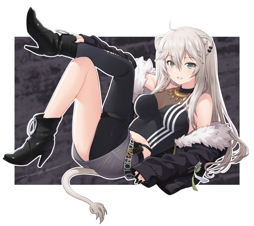 1girl absurdres animal_ears breasts commentary_request grey_hair highres hololive kazuma_muramasa lion_ears long_hair looking_at_viewer medium_breasts shishiro_botan solo virtual_youtuber