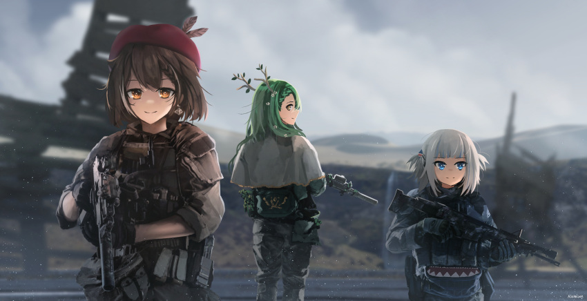 3girls alternate_costume anonamos antlers bandana bangs beret blue_eyes blurry braid braided_bangs branch bridge brown_eyes brown_hair capelet ceres_fauna clouds cloudy_sky depth_of_field earrings fanny_pack feathers flower gawr_gura gloves green_hair gun hair_flower hair_ornament hat highres holding holding_gun holding_weapon hololive hololive_english jewelry load_bearing_vest long_hair looking_at_viewer military multicolored_hair multiple_girls nanashi_mumei plate_carrier pouch rifle short_hair short_twintails single_earring sky streaked_hair tactical_clothes twintails virtual_youtuber weapon weapon_request white_capelet white_hair yellow_eyes