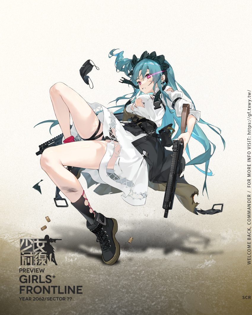 1girl aqua_hair artist_request assault_rifle asymmetrical_legwear bangs black_footwear black_jacket black_mask black_panties breasts character_name chinese_text clothes_around_waist copyright_name dress eye_piercing eyebrows_visible_through_hair full_body girls_frontline gun hair_ornament hairclip harness highres holding holding_gun holding_weapon jacket jacket_around_waist long_hair long_sleeves looking_at_viewer mask mask_removed medium_breasts official_art open_mouth panties ponytail promotional_art rifle scar scar_on_face scr_(girls'_frontline) shell_casing shoes simple_background solo teeth torn_clothes torn_dress torn_jacket underwear violet_eyes weapon white_dress